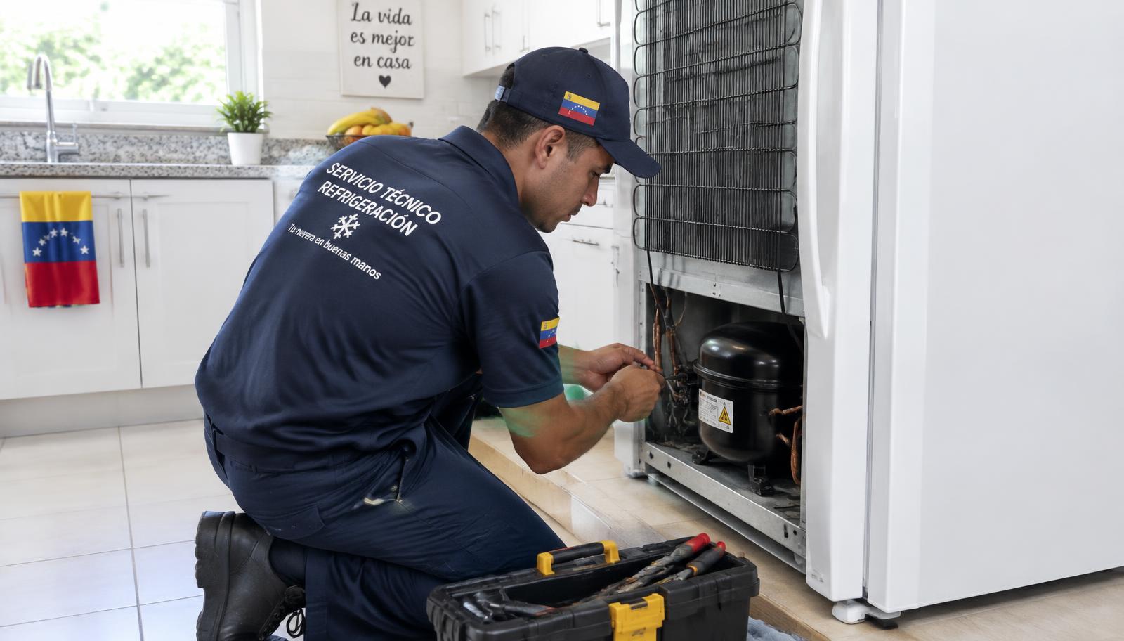 Técnico de Servicio Técnico YM reparando una nevera a domicilio en Caracas