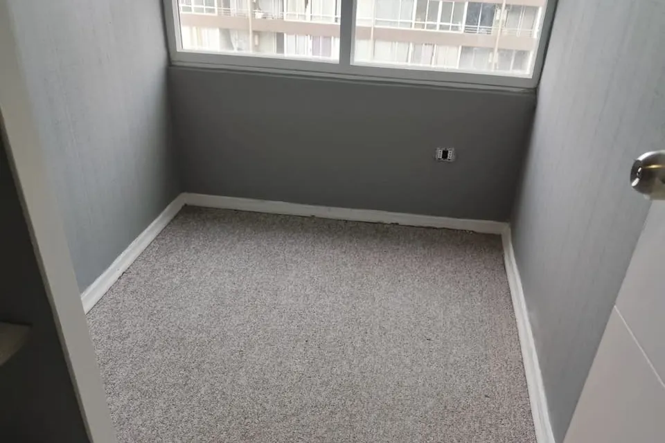 Dormitorio de departamento con la alfombra muro a muro recién lavada